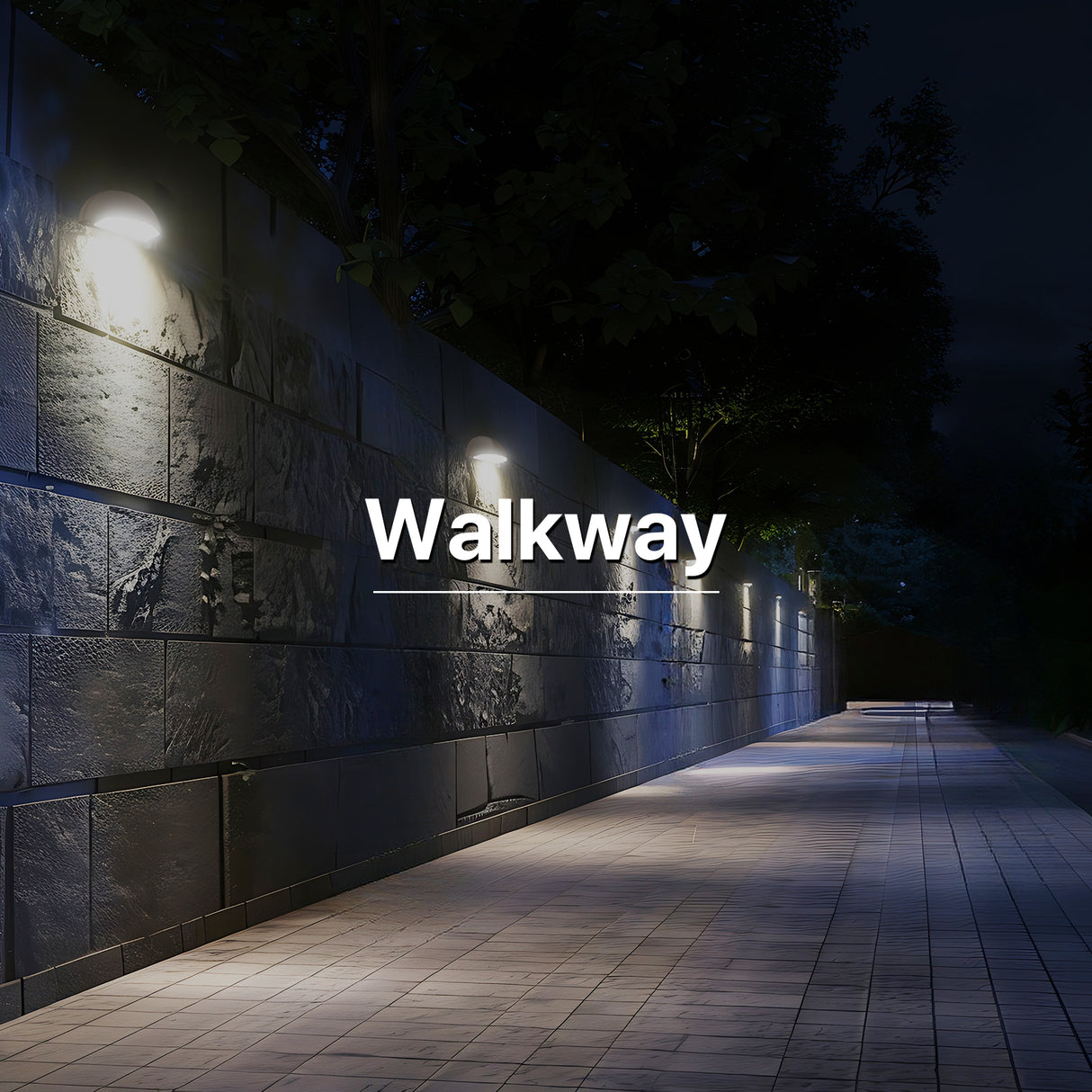 Outdoor wall lights light up the walkway.