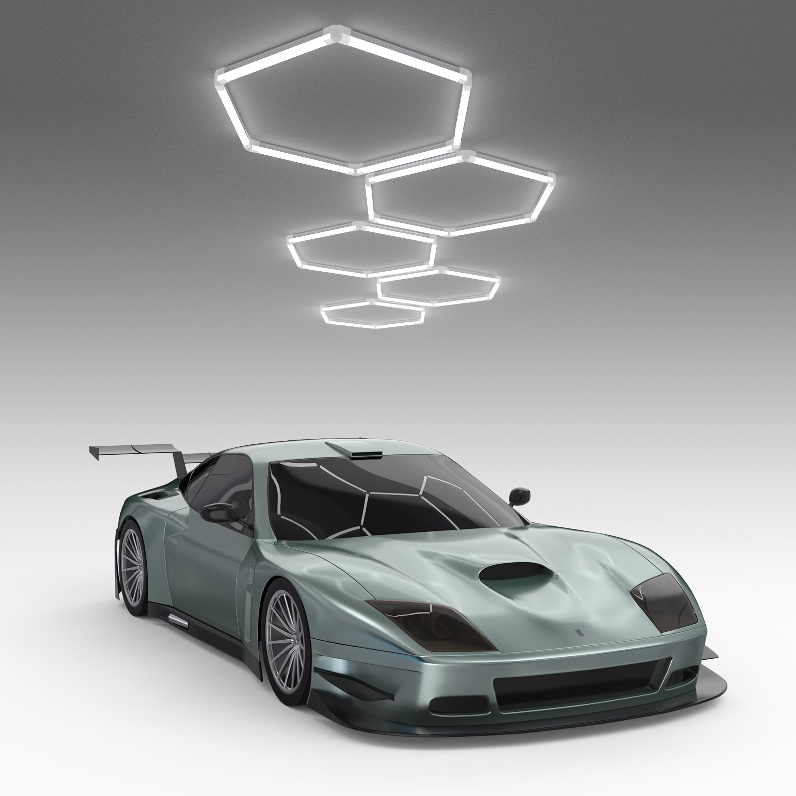 Hexagon garage lights with a sports car