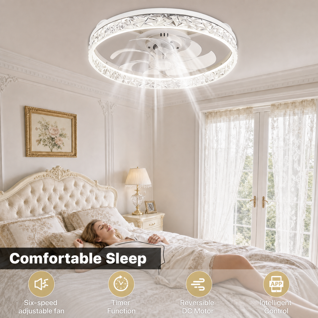 20" Crystal LED Ceiling Fan – App/Remote, 3-Color Dimmable, 6 Speeds, Timer, Reversible, Low-Profile Flush Mount