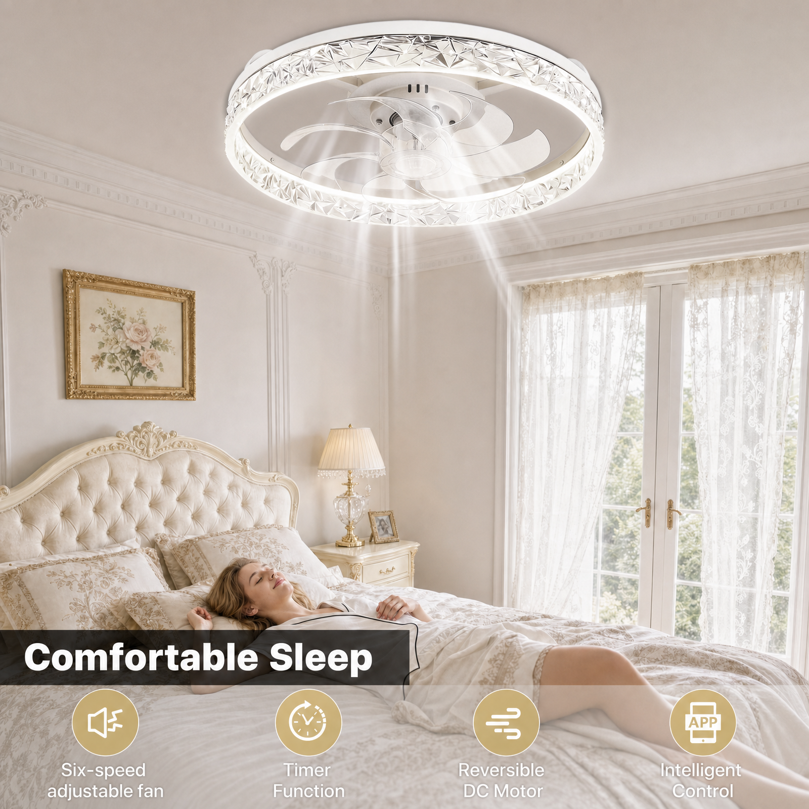 20" Crystal LED Ceiling Fan – App/Remote, 3-Color Dimmable, 6 Speeds, Timer, Reversible, Low-Profile Flush Mount