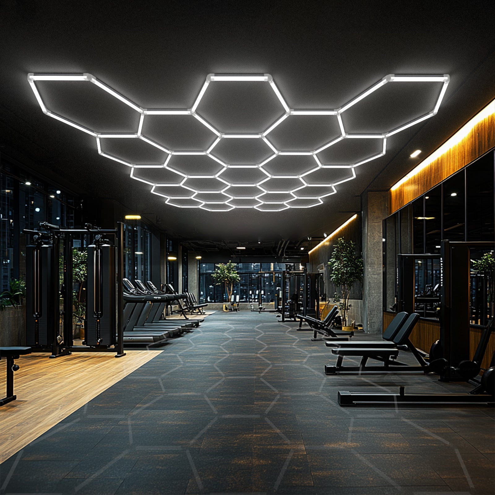 Hyperlite Hexagon lights in a modern gym setting