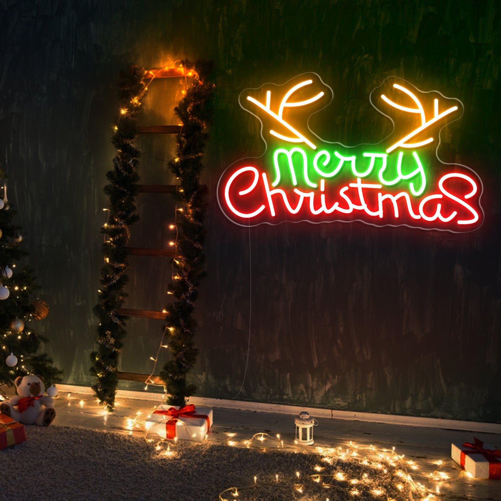 Merry Christmas neon sign with reindeer antlers
