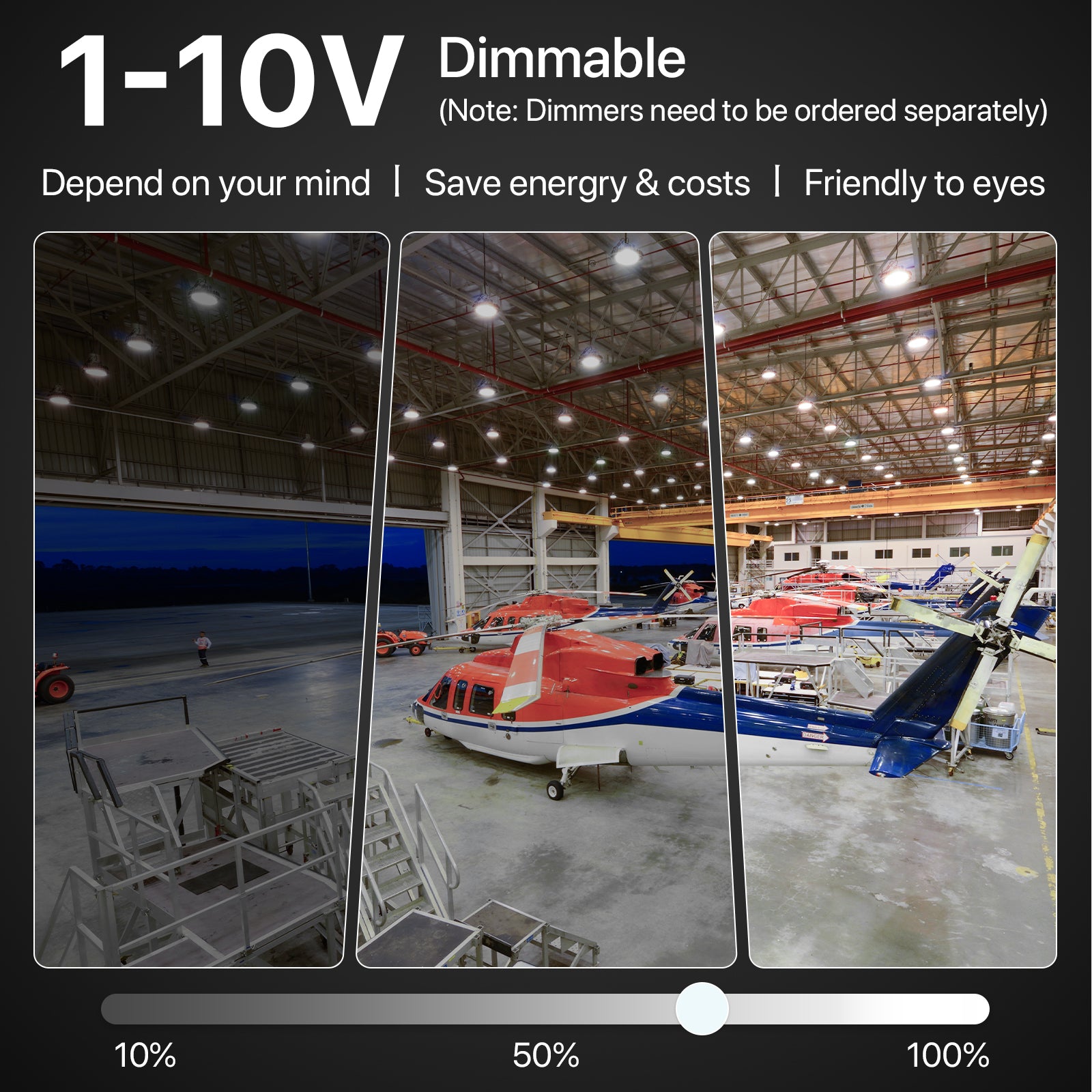 LED High Bay Light dimming options, 10% to 100% brightness