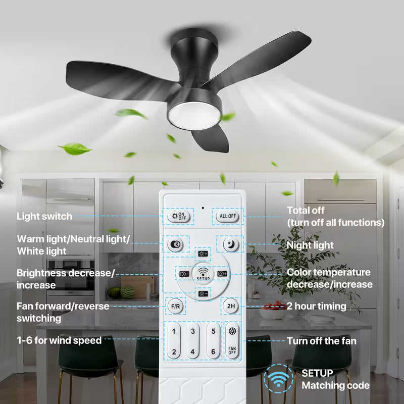 24" Low-Profile Black Ceiling Fan – Remote, Noiseless, 3000K-6500K Dimmable, 6 Speeds, Indoor/Outdoor