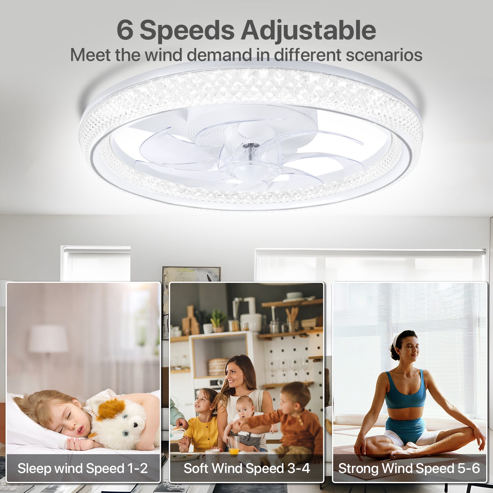 20" Flush-Mount Bladeless Ceiling Fan – Remote, Stepless Dimming 3000K-6500K, 6 Speeds, Modern.