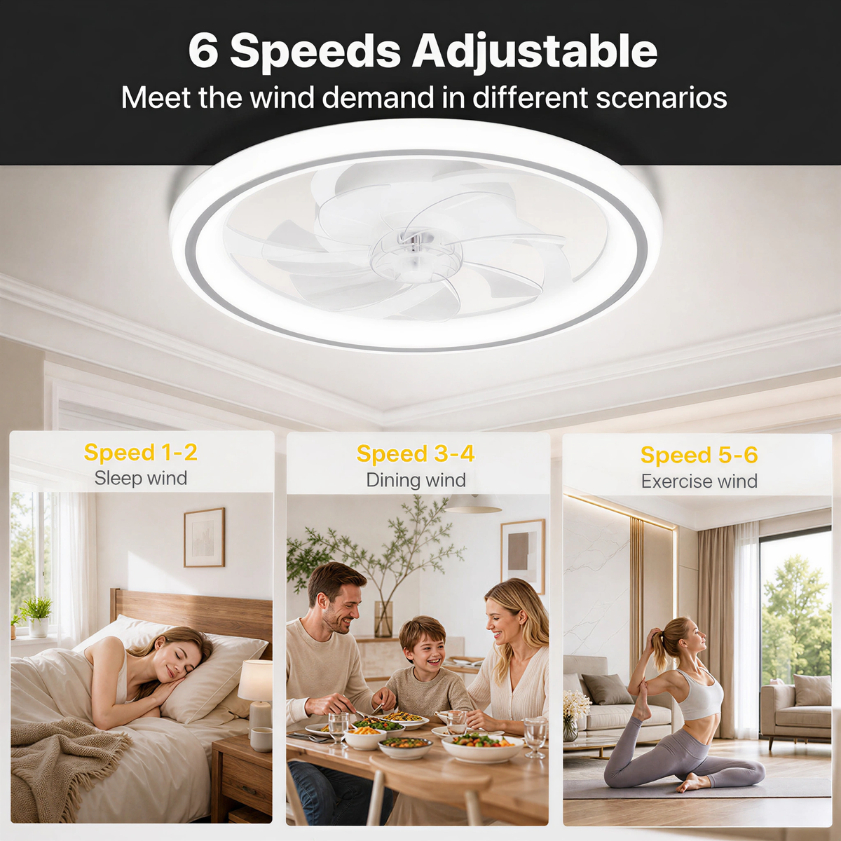 20" Smart LED Ceiling Fan – App/Remote, 6 Speeds, 3 CCT, Dimmable, Night Mode & Timer, Flush Mount