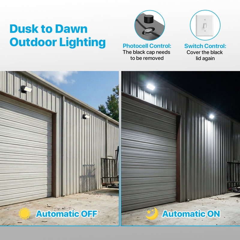 Outdoor lighting system with dusk to dawn feature on a garage wall.