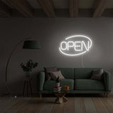 white Open Neon Sign Light in dark