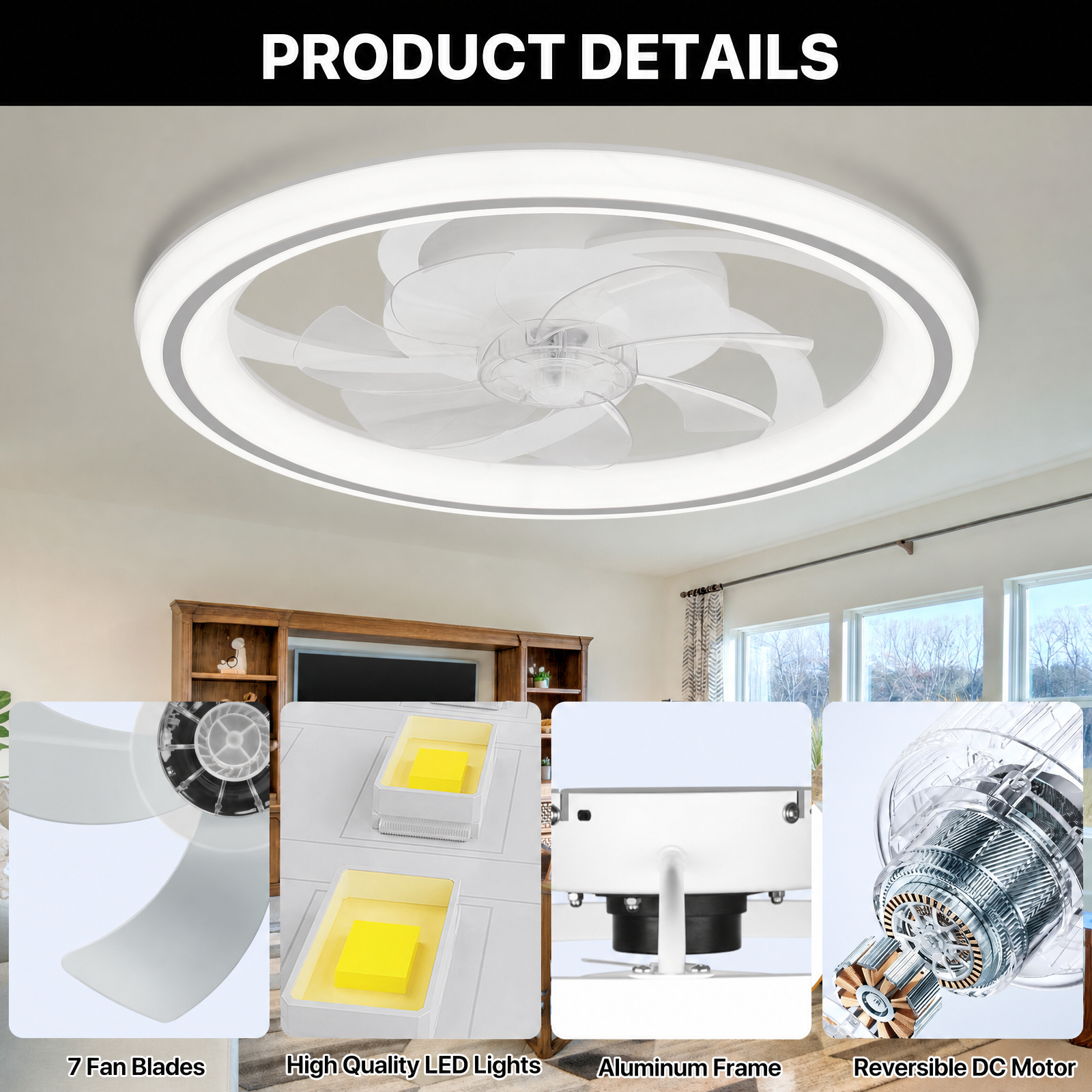 20" Smart LED Ceiling Fan – App/Remote, 6 Speeds, 3 CCT, Dimmable, Night Mode & Timer, Flush Mount