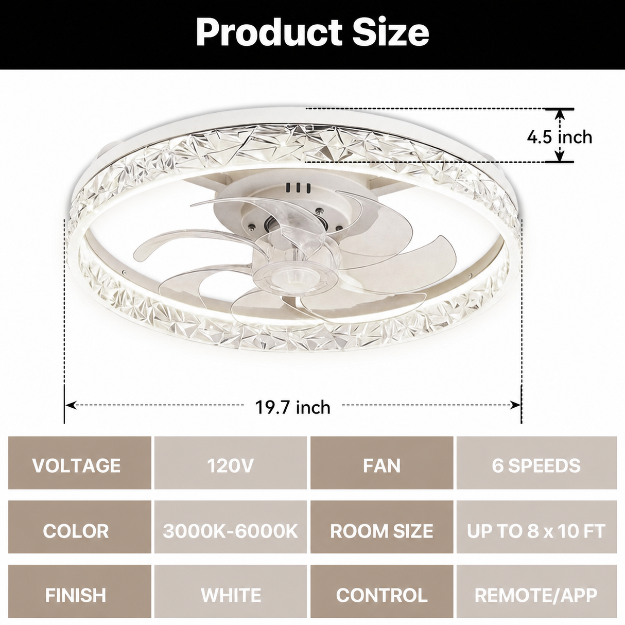 20" Crystal LED Ceiling Fan – App/Remote, 3-Color Dimmable, 6 Speeds, Timer, Reversible, Low-Profile Flush Mount
