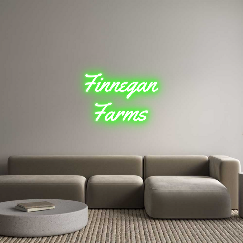 Finnegan Farms custom neon sign, emerald green light, wall mounted decor.