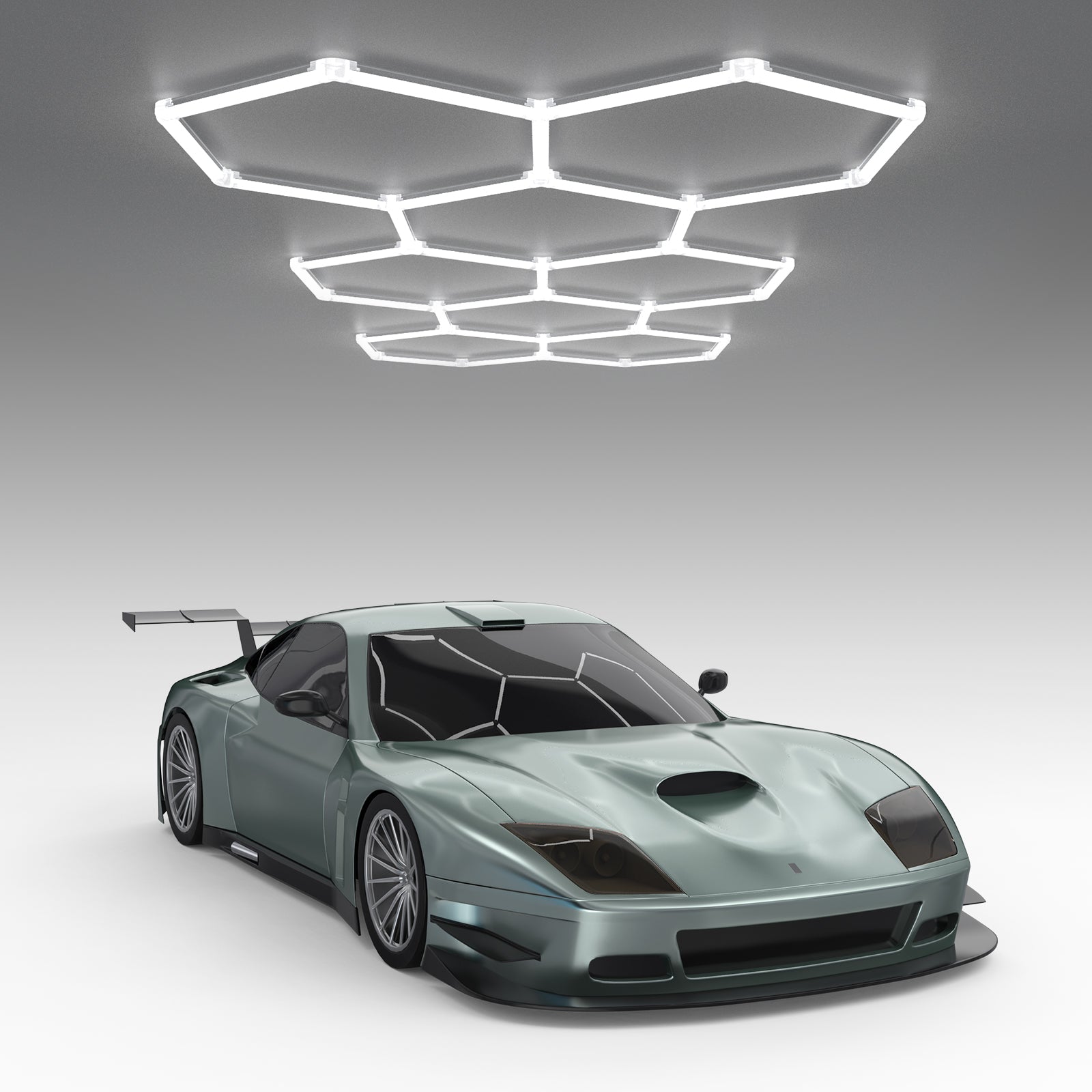 Hyperlite Hexagon Garage Lights Gen 2 and a sports car