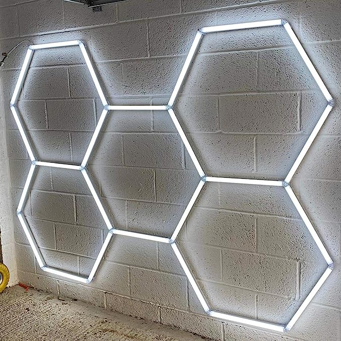 Hexagon LED lights installation on a brick wall