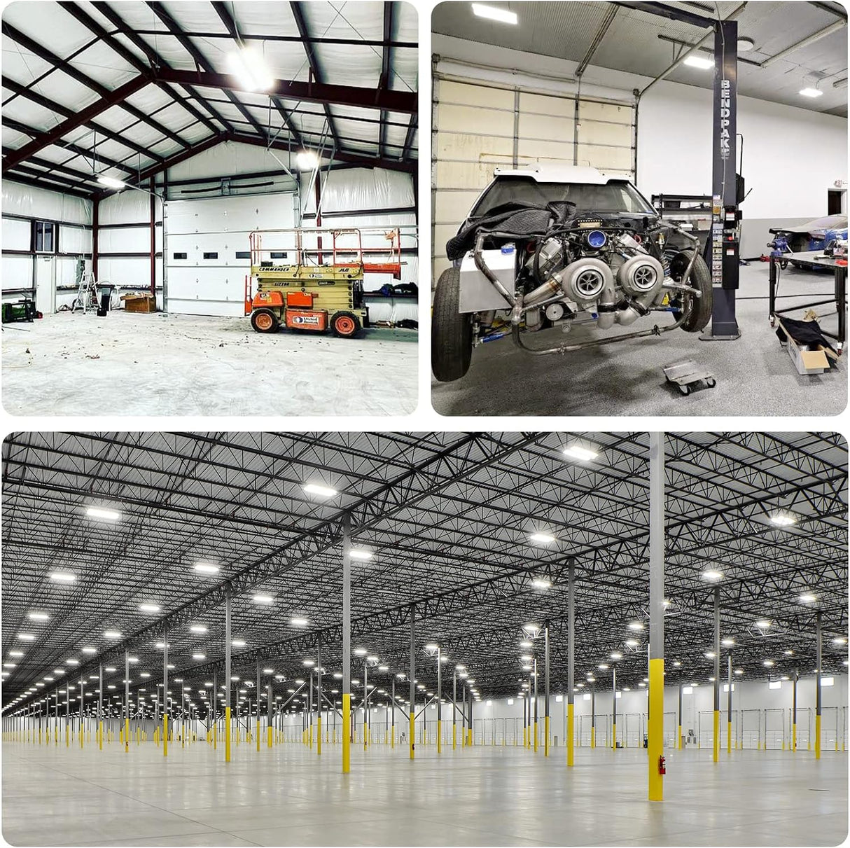 application for linear high bay lights: warehouse, garage, workshop.
