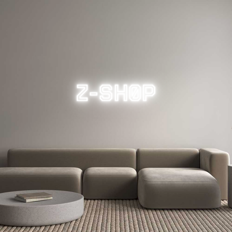 Custom Z-SHOP neon sign displayed in a modern living room.
