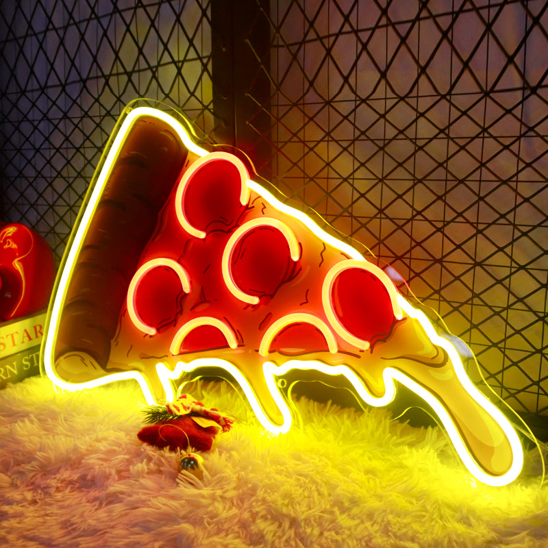 Pizza UV printed LED neon sign glowing brightly on a brick wall.