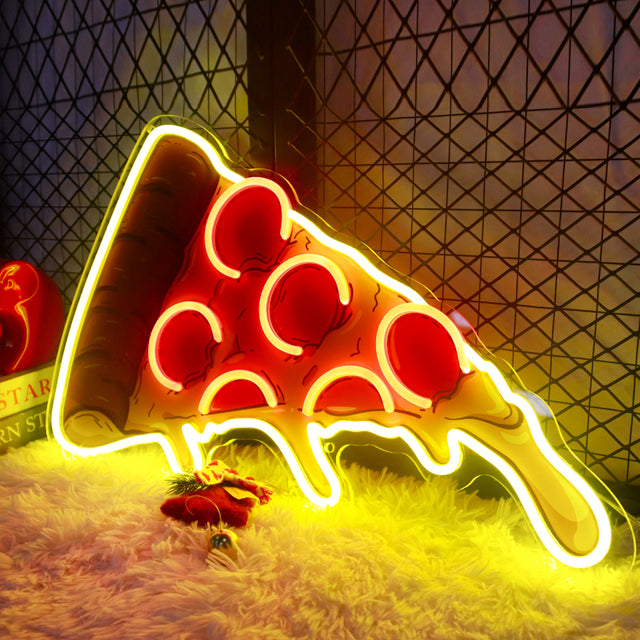 Pizza UV printed LED neon sign glowing brightly on a brick wall.