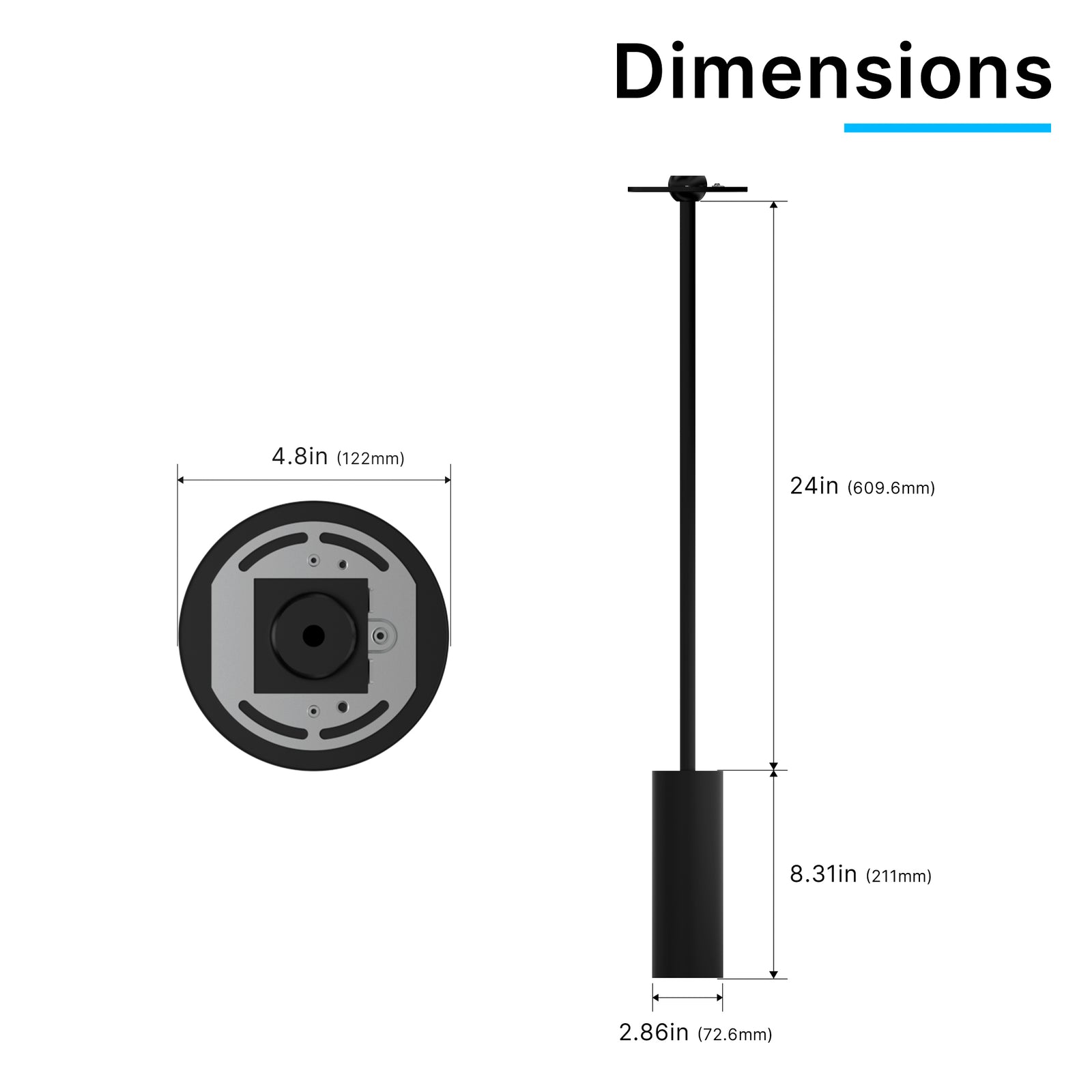 ACD01-15W LED Cylinder Light 2ft Stem Mount Size and Installation Dimensions