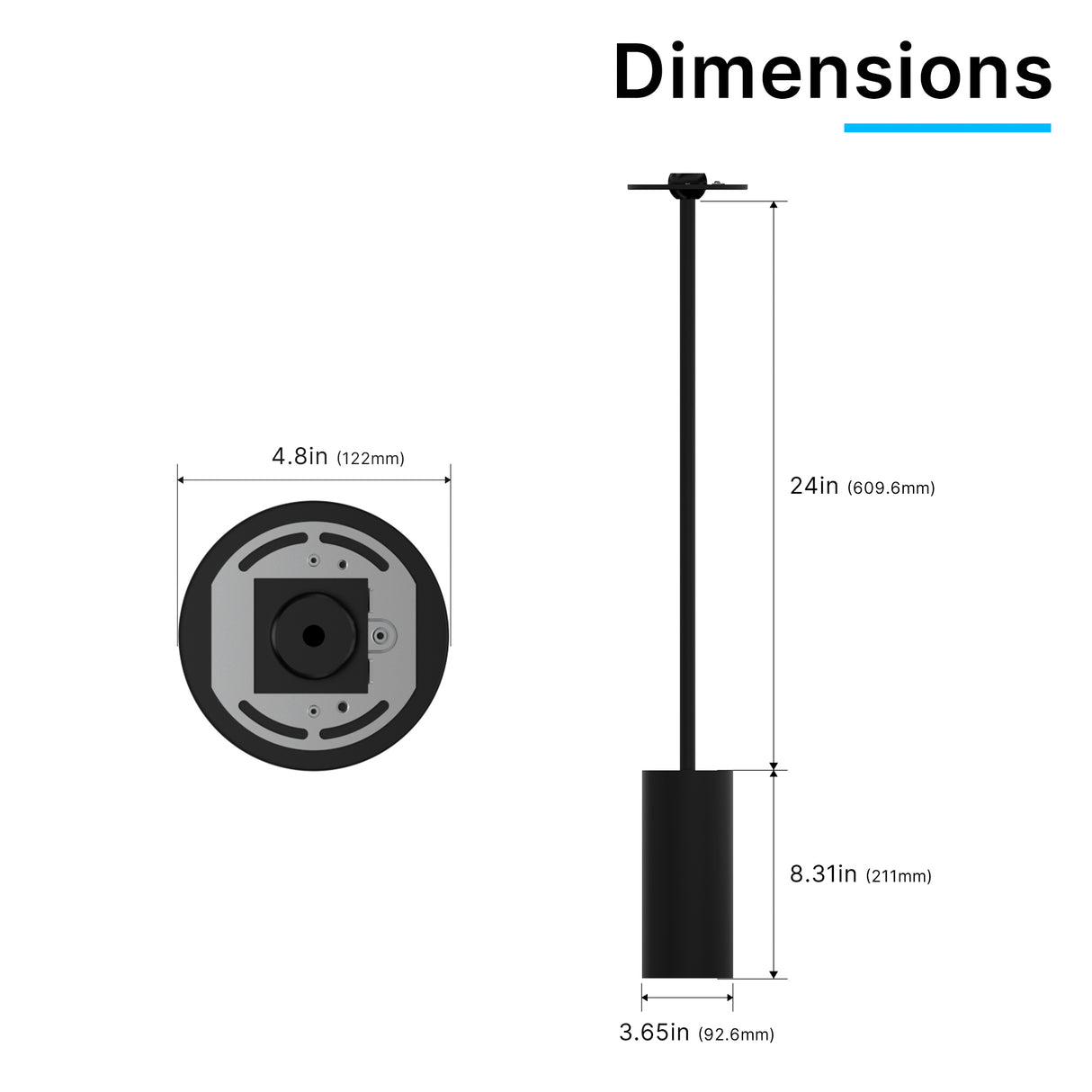 ACD01-25W LED Cylinder Light 2ft Stem Mount Dimensions and Installation Details