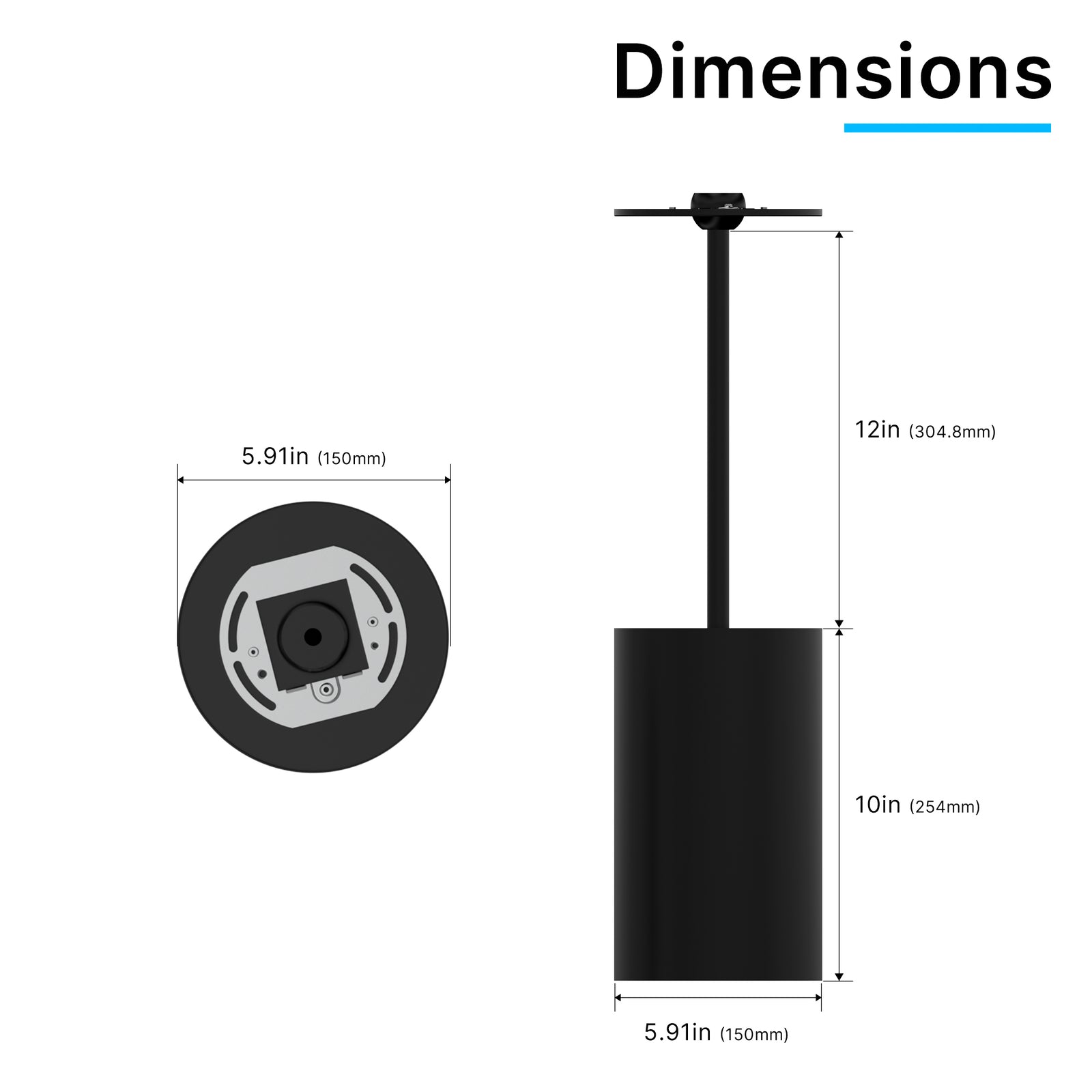 ACD01-40W LED Cylinder Light 1ft Stem Mount Dimensions and Installation Details