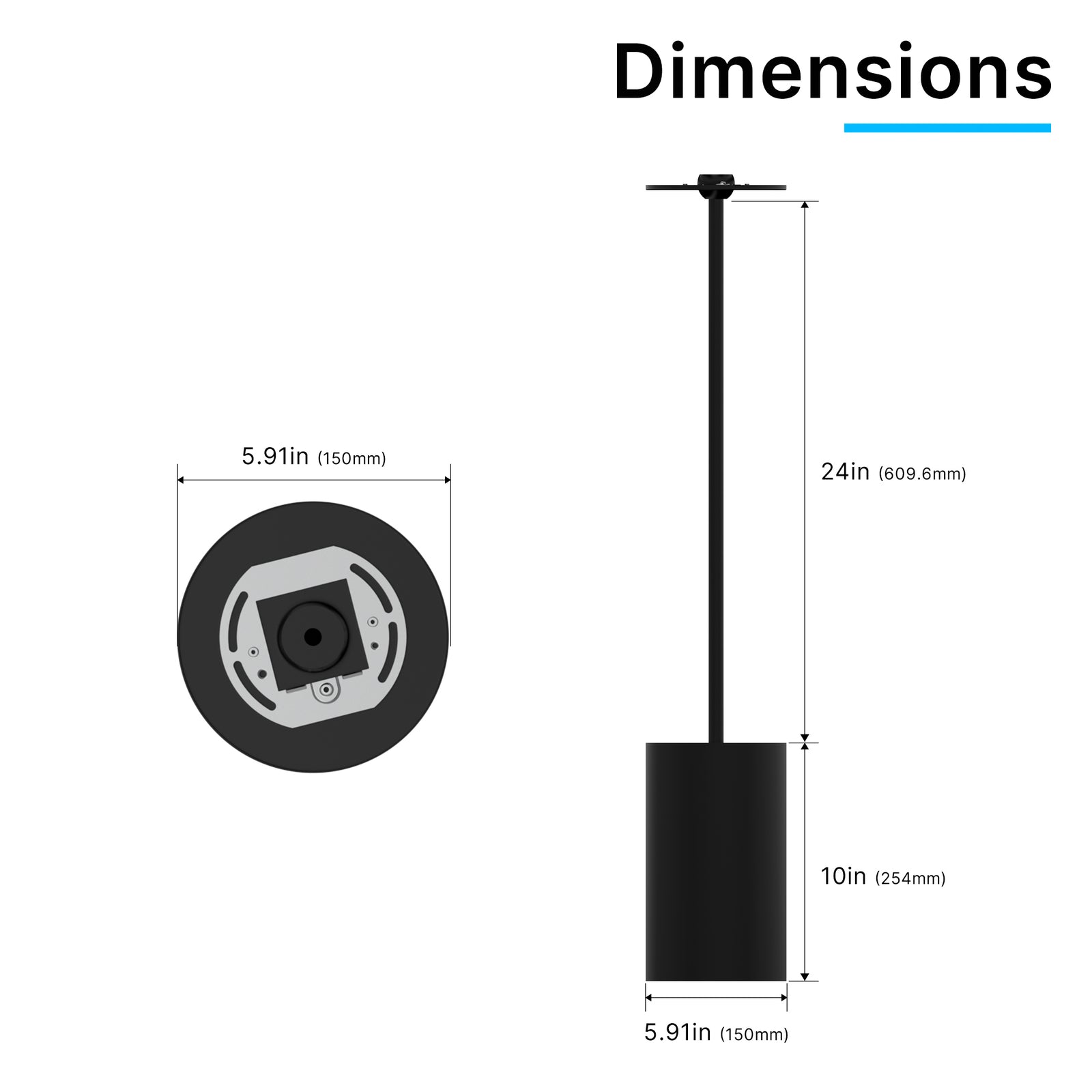 ACD01-40W LED Cylinder Light 2ft Stem Mount Dimensions and Installation Details