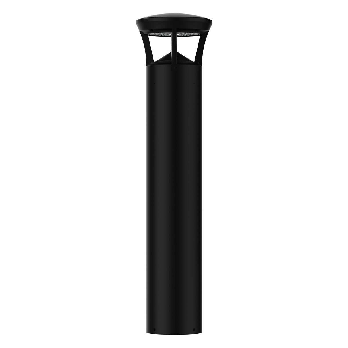 Black finish LED bollard light with crowned top for pathways, parks, and landscape lighting