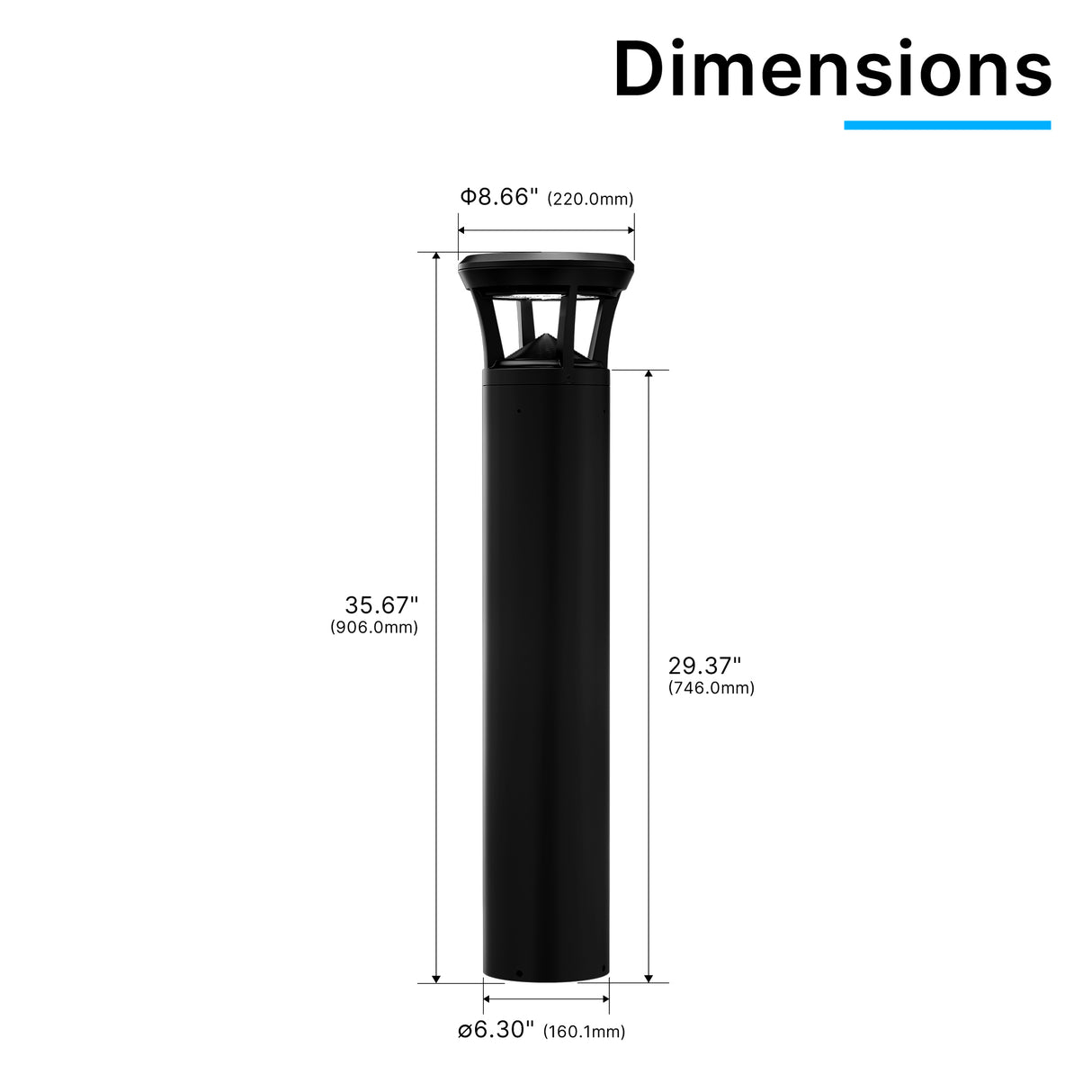 Dimension drawing of black finish LED bollard light with flat top