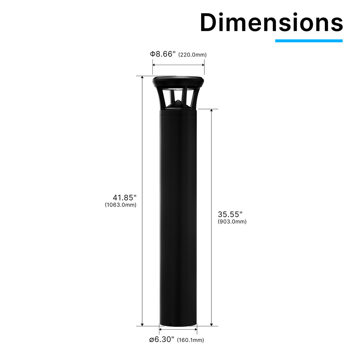 Dimension drawing of black finish LED bollard light with flat top