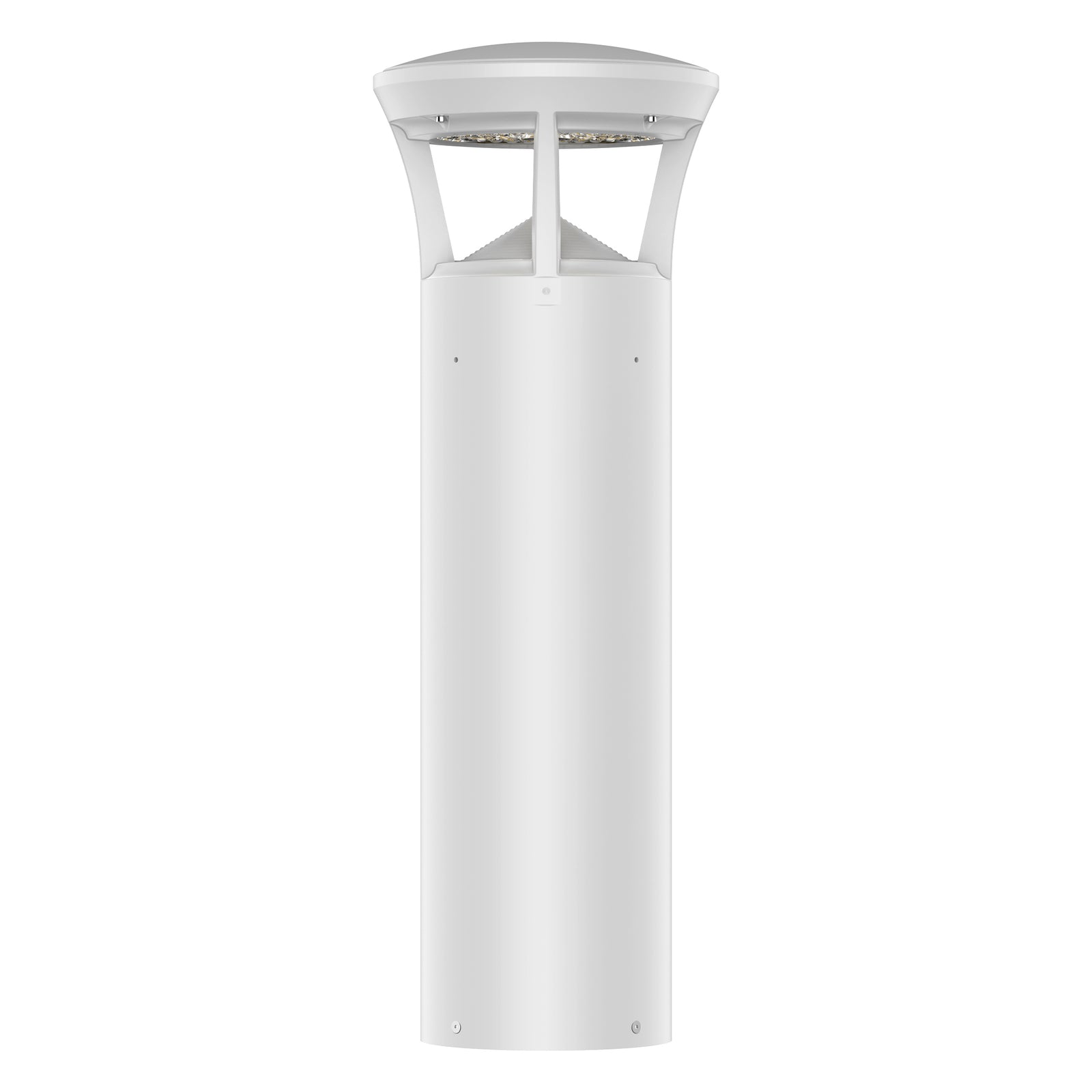 White finish LED bollard light with crowned top for pathways, parks, and landscape lighting