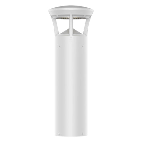 White finish LED bollard light with crowned top for pathways, parks, and landscape lighting