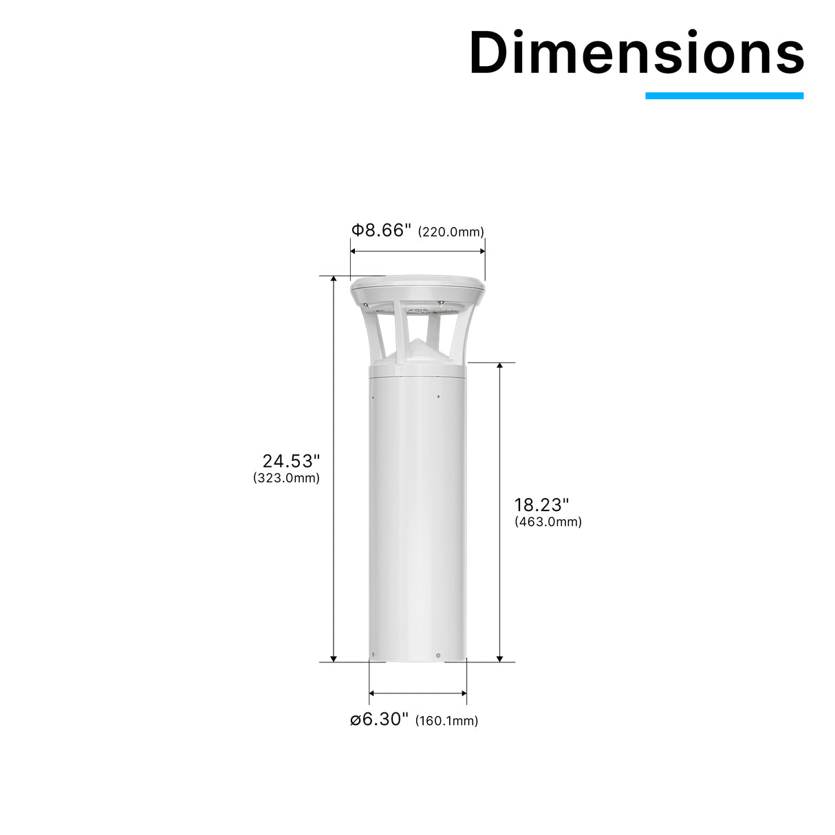 Dimension drawing of white finish LED bollard light with flat top