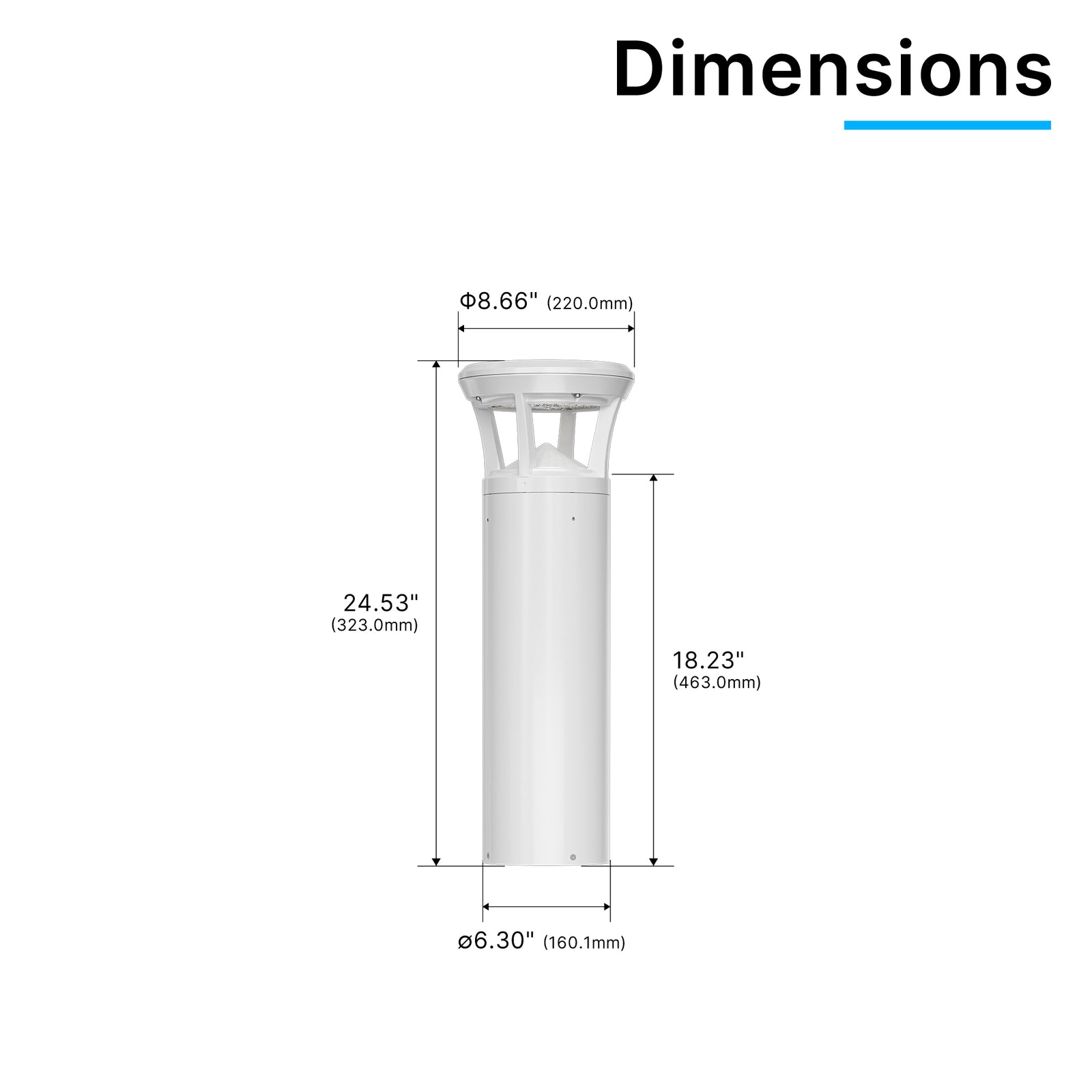 Dimension drawing of white finish LED bollard light with flat top