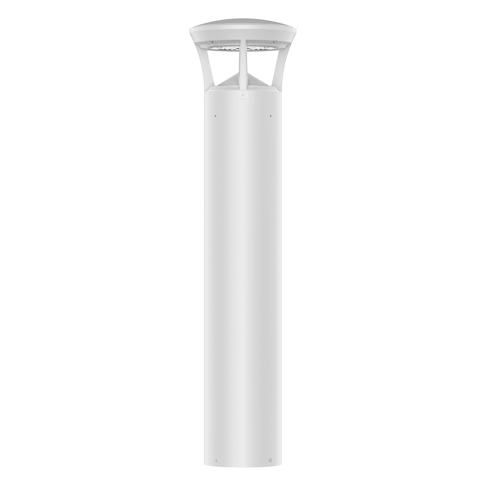White finish LED bollard light with crowned top for pathways, parks, and landscape lighting