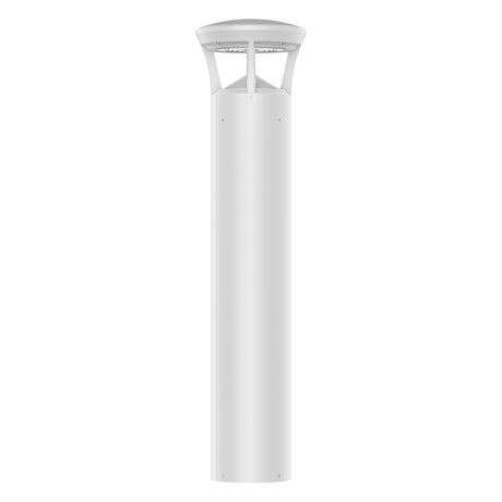 White finish LED bollard light with crowned top for pathways, parks, and landscape lighting