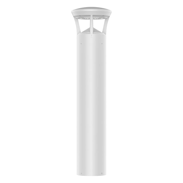 White finish LED bollard light with crowned top for pathways, parks, and landscape lighting