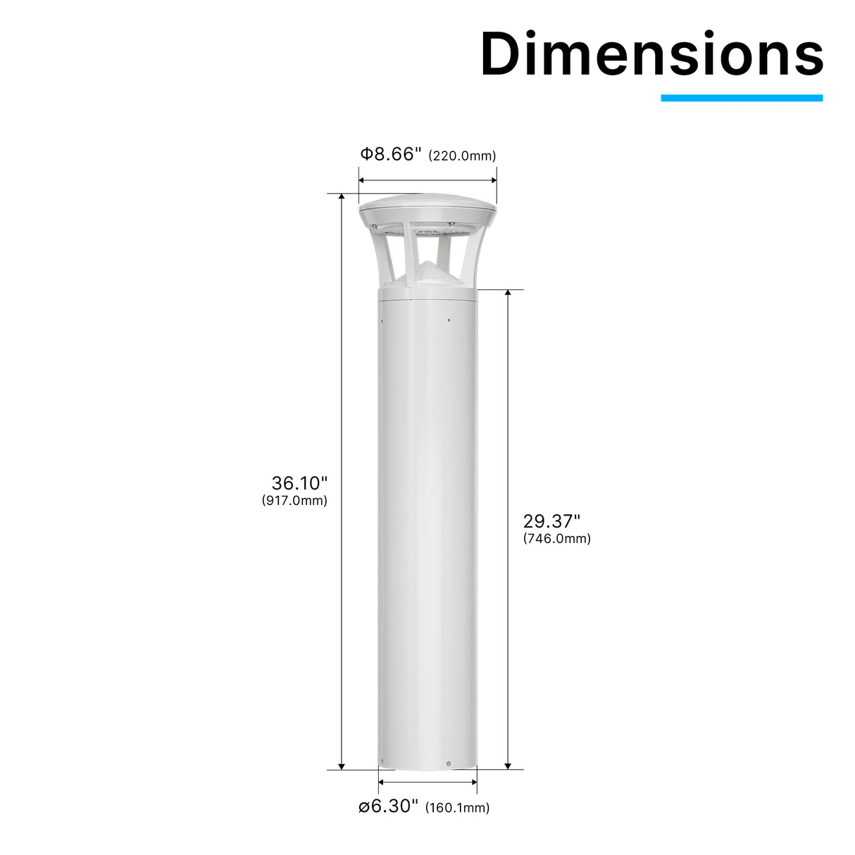 Dimension drawing of white finish LED bollard light with crowned top