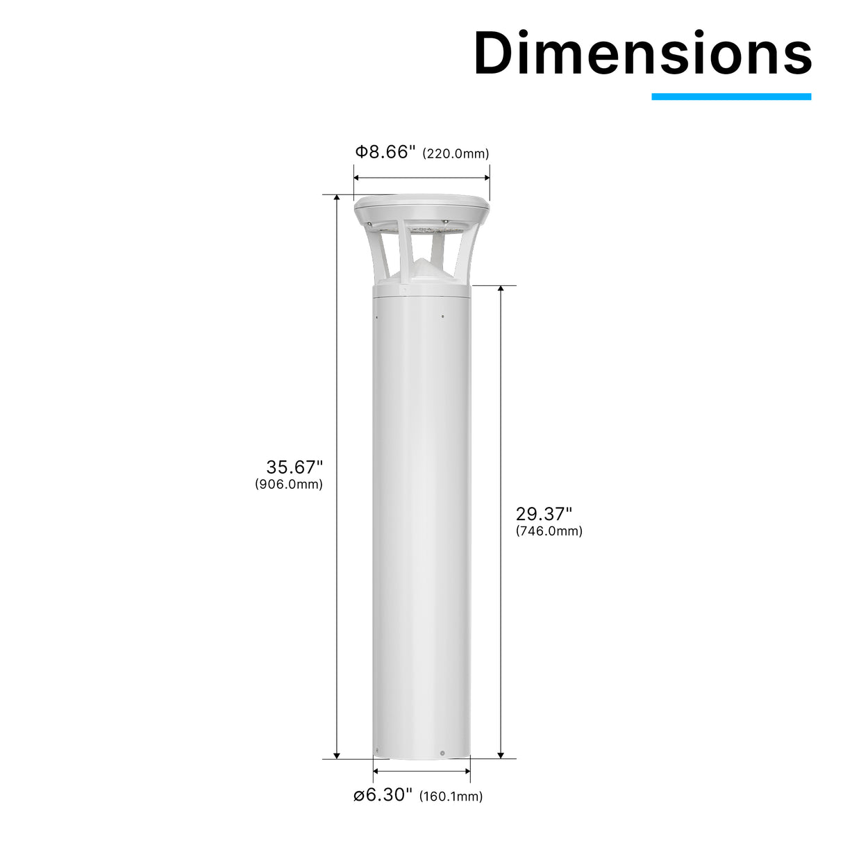 Dimension drawing of white finish LED bollard light with flat top