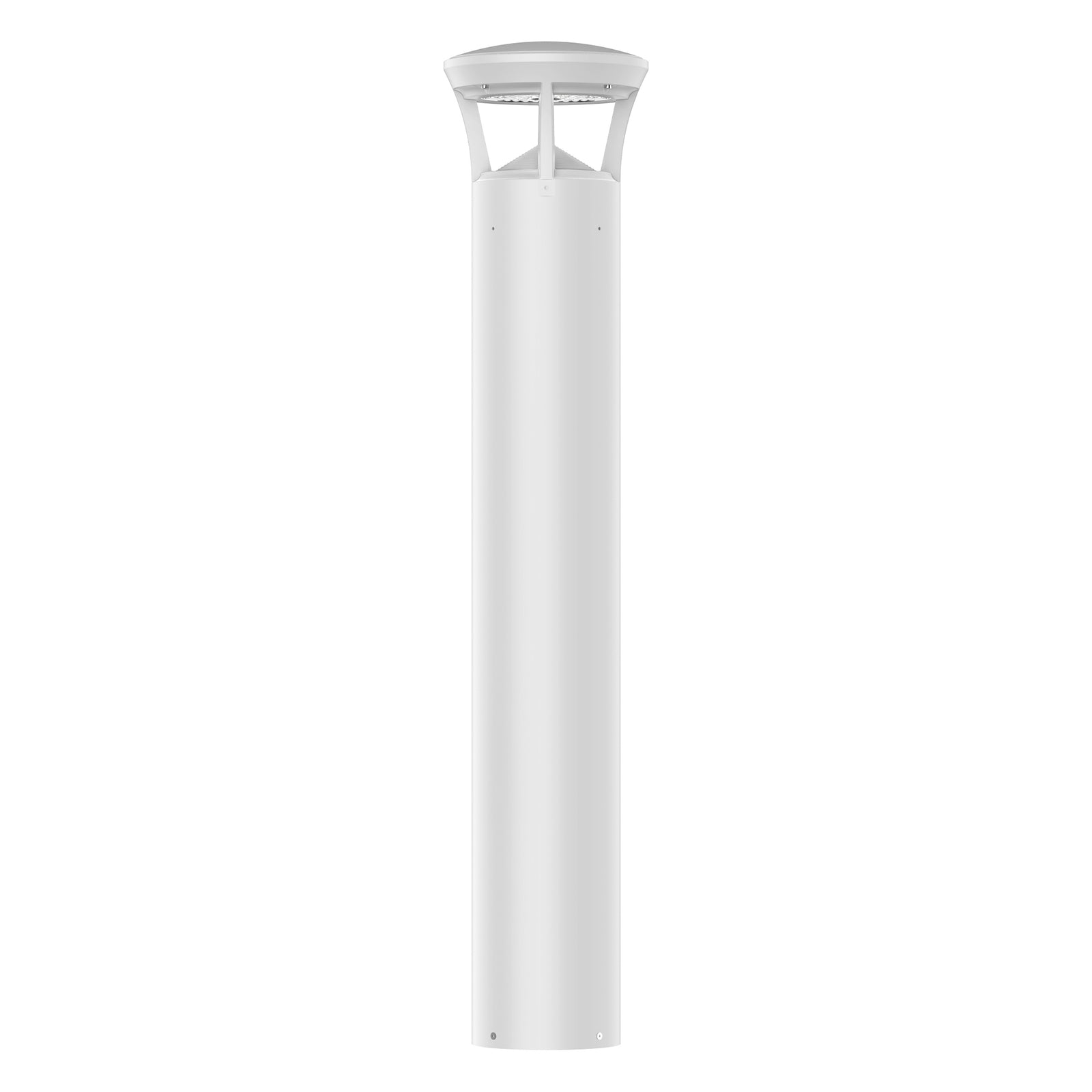 White finish LED bollard light with crowned top for pathways, parks, and landscape lighting