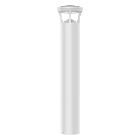 White finish LED bollard light with crowned top for pathways, parks, and landscape lighting