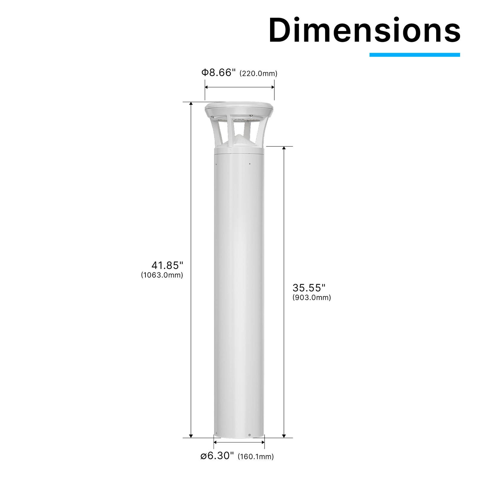 Dimension drawing of white finish LED bollard light with flat top