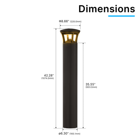 Dimension drawing of crowned top amber LED bollard light