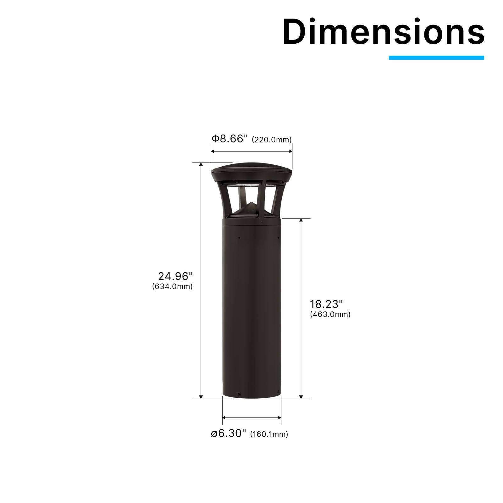 Dimension drawing of LED bollard light with crowned top