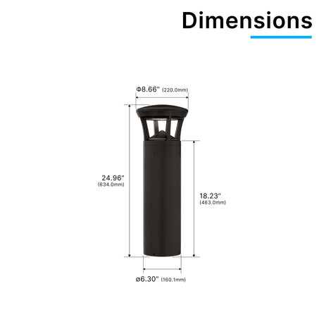 Dimension drawing of LED bollard light with crowned top