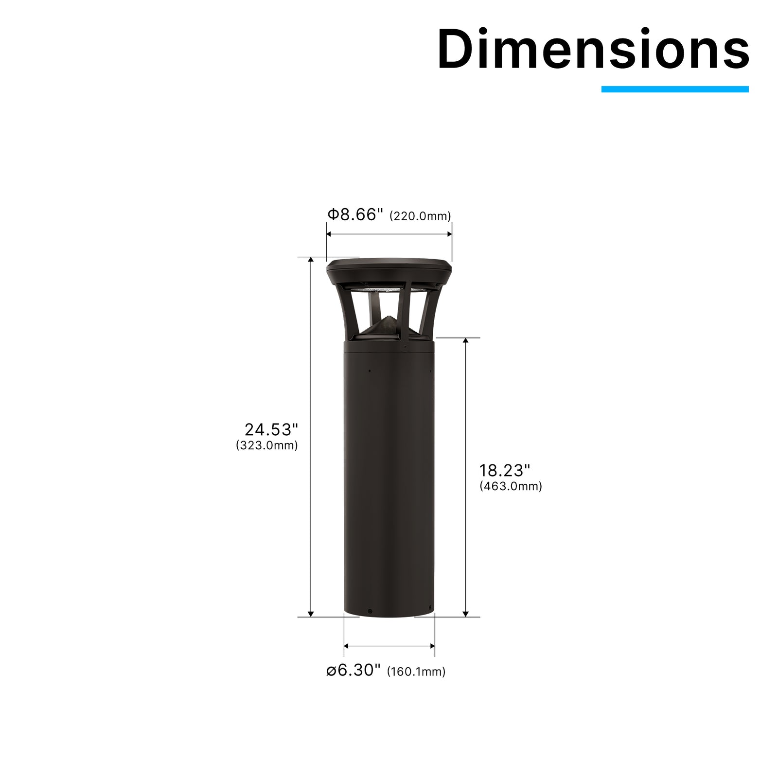 Dimension drawing of LED bollard light with flat top