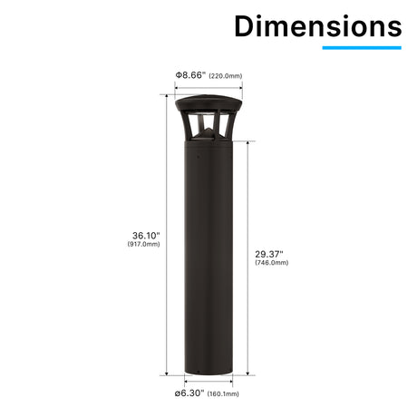 Dimension drawing of LED bollard light with crowned top