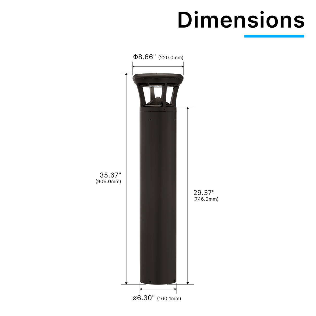 Dimension drawing of LED bollard light with flat top