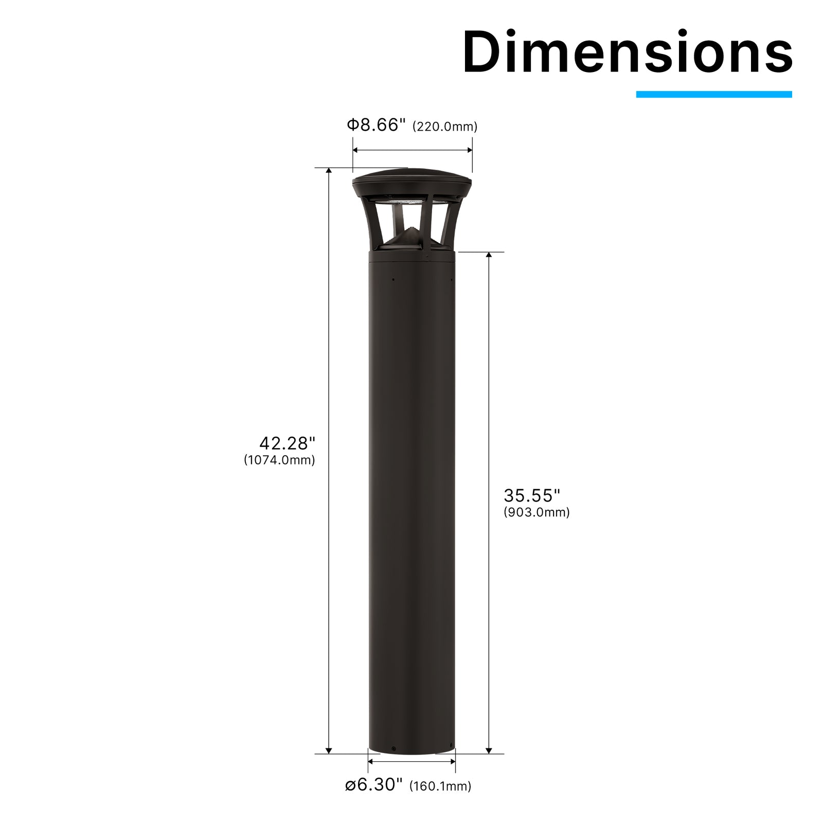 Dimension drawing of LED bollard light with crowned top