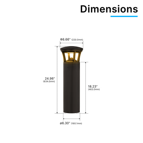 Dimension drawing of crowned top amber LED bollard light