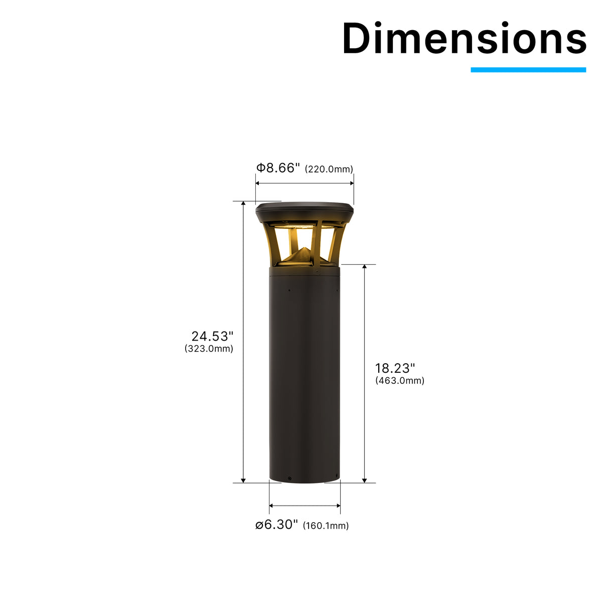 Dimension drawing of flat top amber LED bollard light