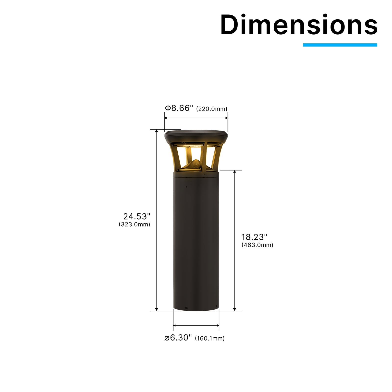 Dimension drawing of flat top amber LED bollard light